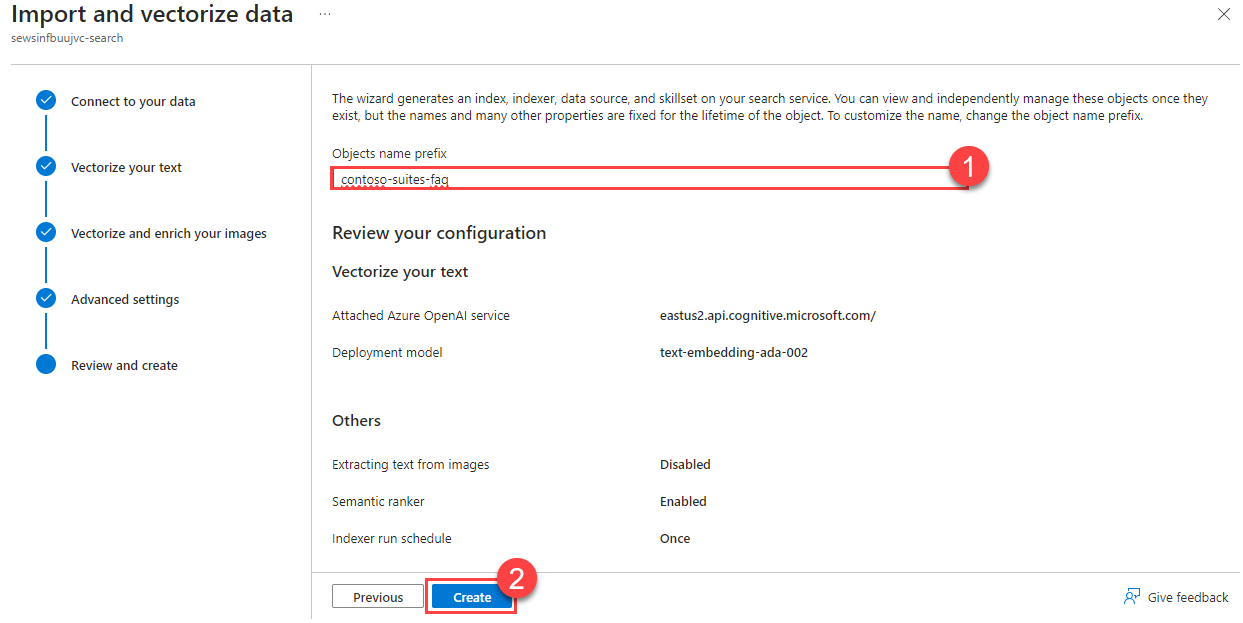 Add contoso-suites-faq as the object name prefix and create the index.