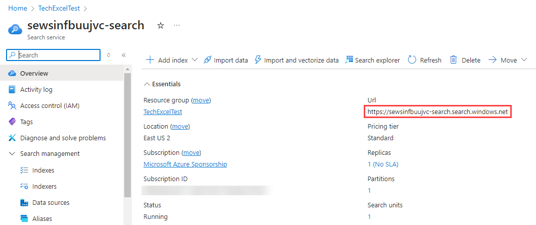 Select the Azure AI Search service URL and save it to the Secrets file.