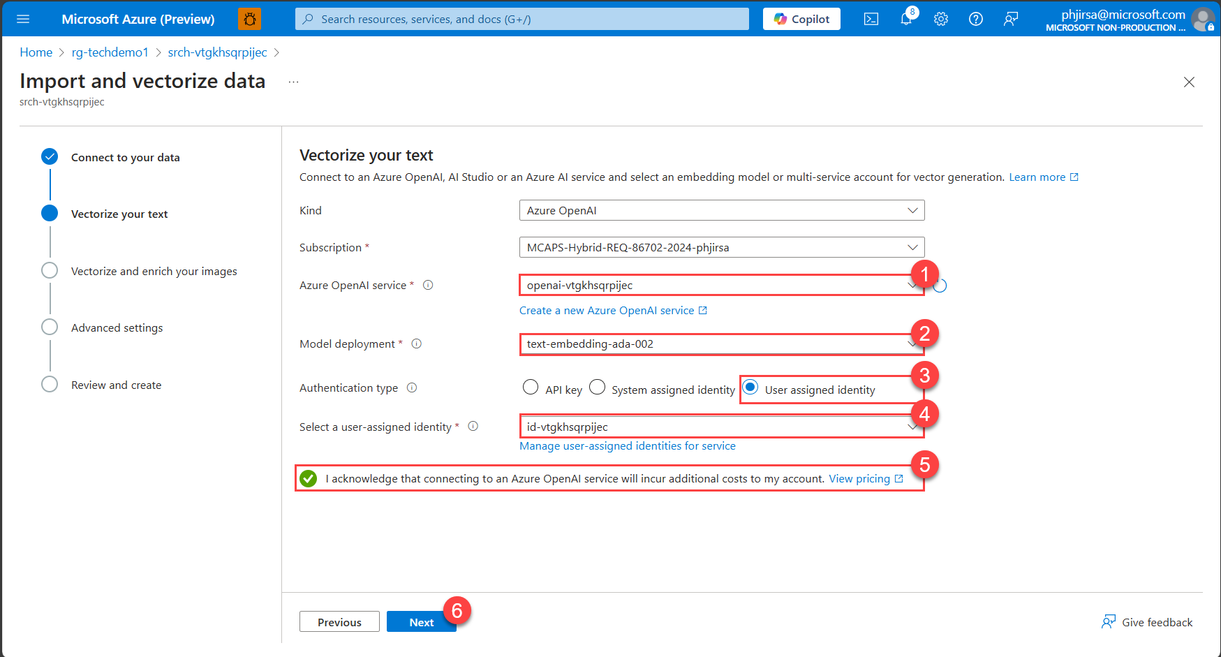 Select your Azure OpenAI service and the text-embedding-ada-002 model deployment.