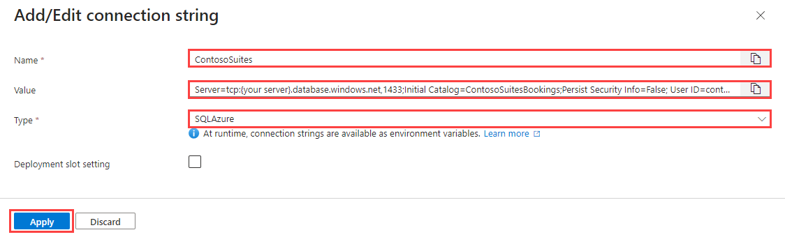 Filling in details for the new environment variable for an Azure App Service