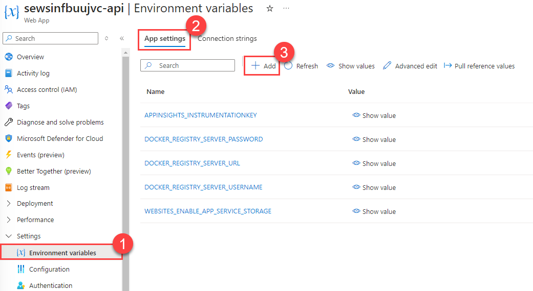 Creating a new environment variable for an Azure App Service