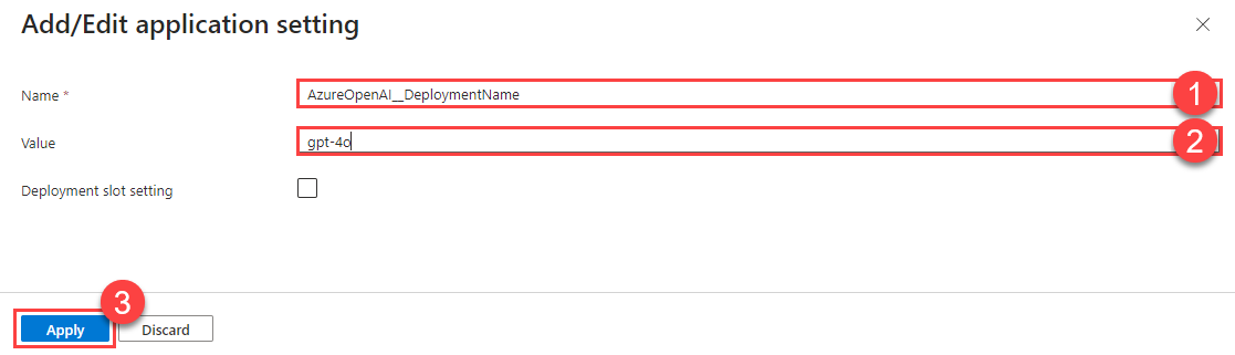 Filling in details for the new environment variable for an Azure App Service