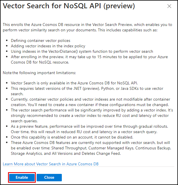 The Enable button is highlighted on the Vector Search for NoSQL API enrollment dialog.