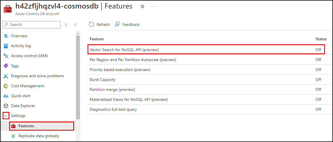 The Features page for the Azure Cosmos DB NoSQL database is displayed, with the Vector Search for NoSQL API feature highlighted in the features list.