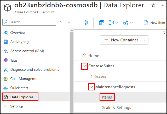 Data Explorer is highlighted in the left-hand menu. The expand icon is highlighted for the database and MaintenanceRequests containers. Items is highlighted.