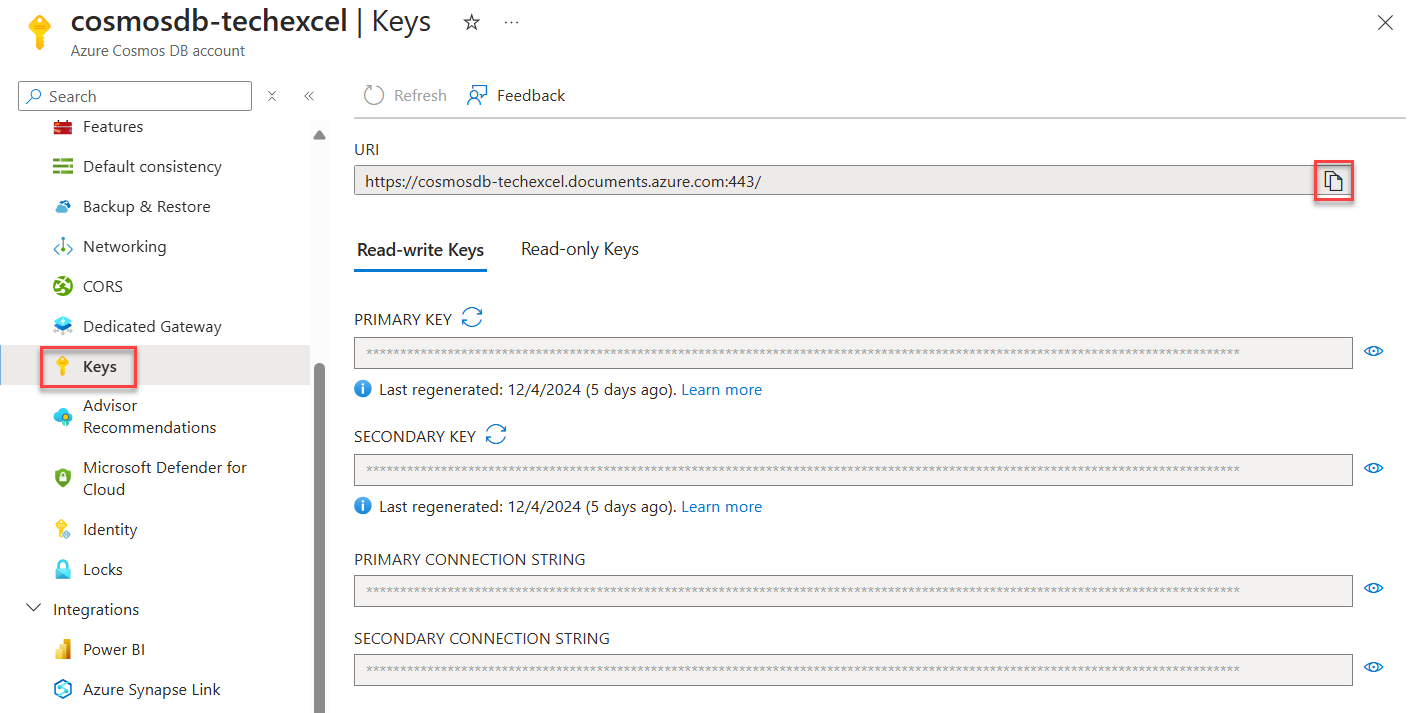 The Azure Cosmos DB account Keys page is displayed, with the URI copy button highlighted.