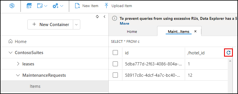 The refresh button is highlighted on the Maintenance->Items tab in Data Explorer.