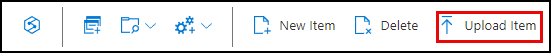 The Upload Item button on the Azure Cosmos DB toolbar is highlighted.
