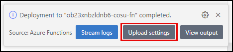 The Upload settings button is highlighted on the deployment completed notification dialog.