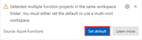 A warning message that there exist multiple function projects in the same workspace folder.