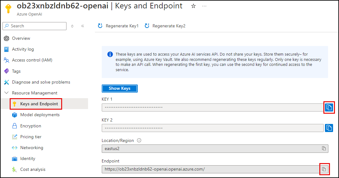 The Azure OpenAI Keys and Endpoint page is displayed, with the copy buttons for KEY 1 and Endpoint highlighted.