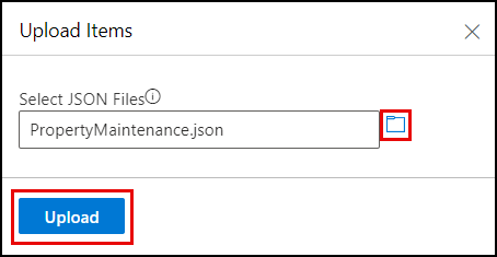 The Upload Items dialog is displayed with the browse and Upload buttons highlighted. UserReviews.json appears in the Select JSON files box.