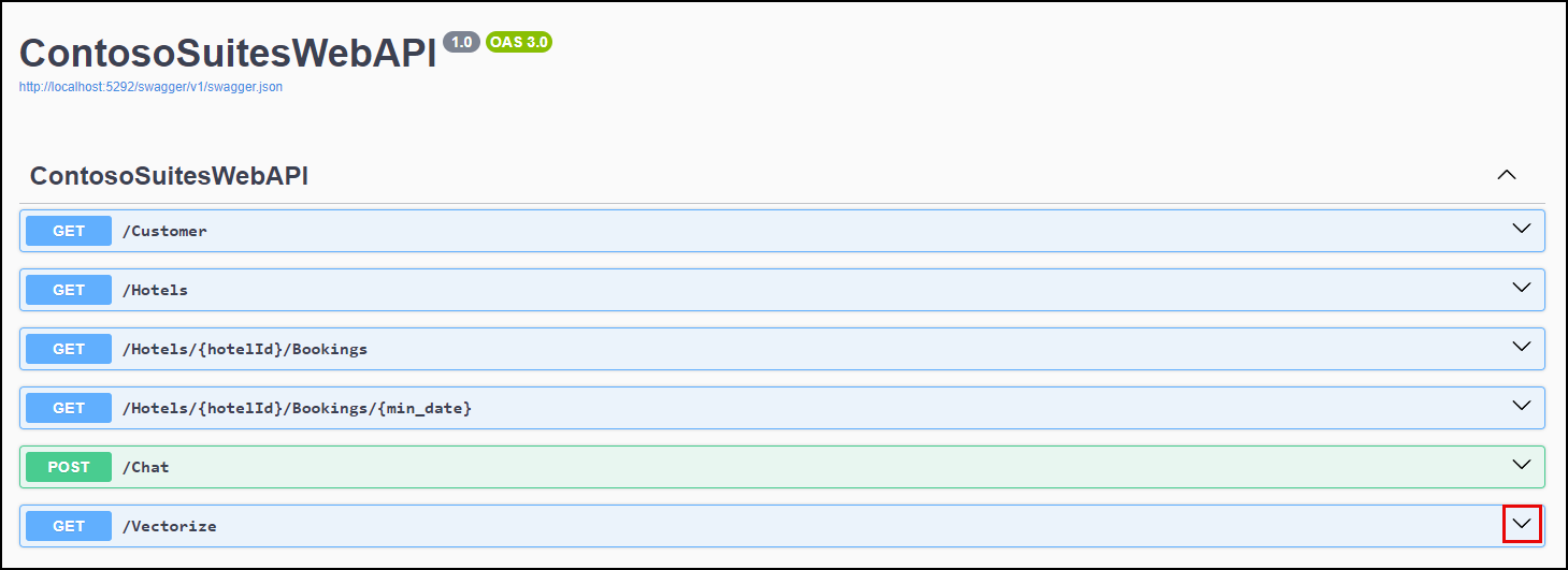 The Swagger UI page is displayed with the expand button for the Vectorize endpoint highlighted.