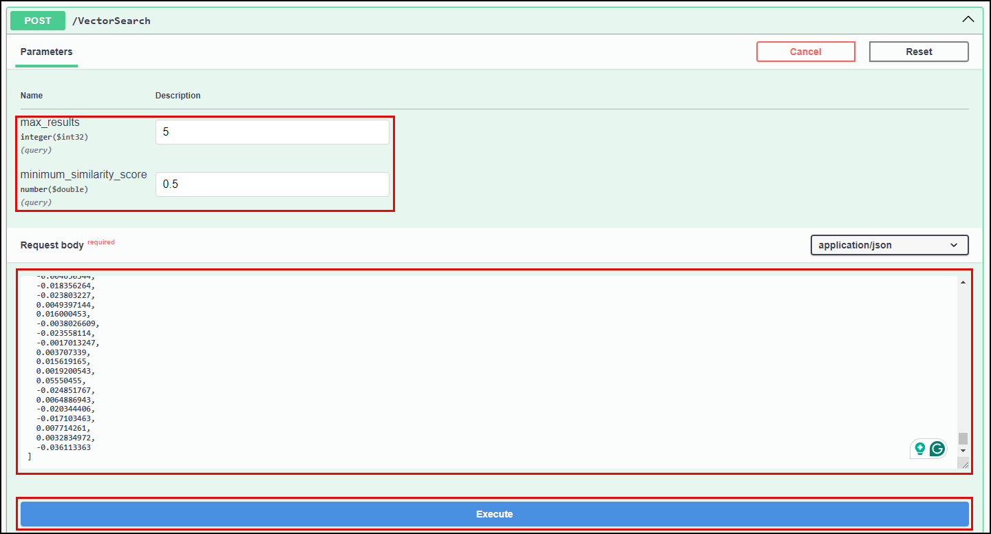 The inputs into the max_results, minimum_similarity_score, and request body boxes are highlighted in the VectorSearch block, and the Execute button is highlighted.