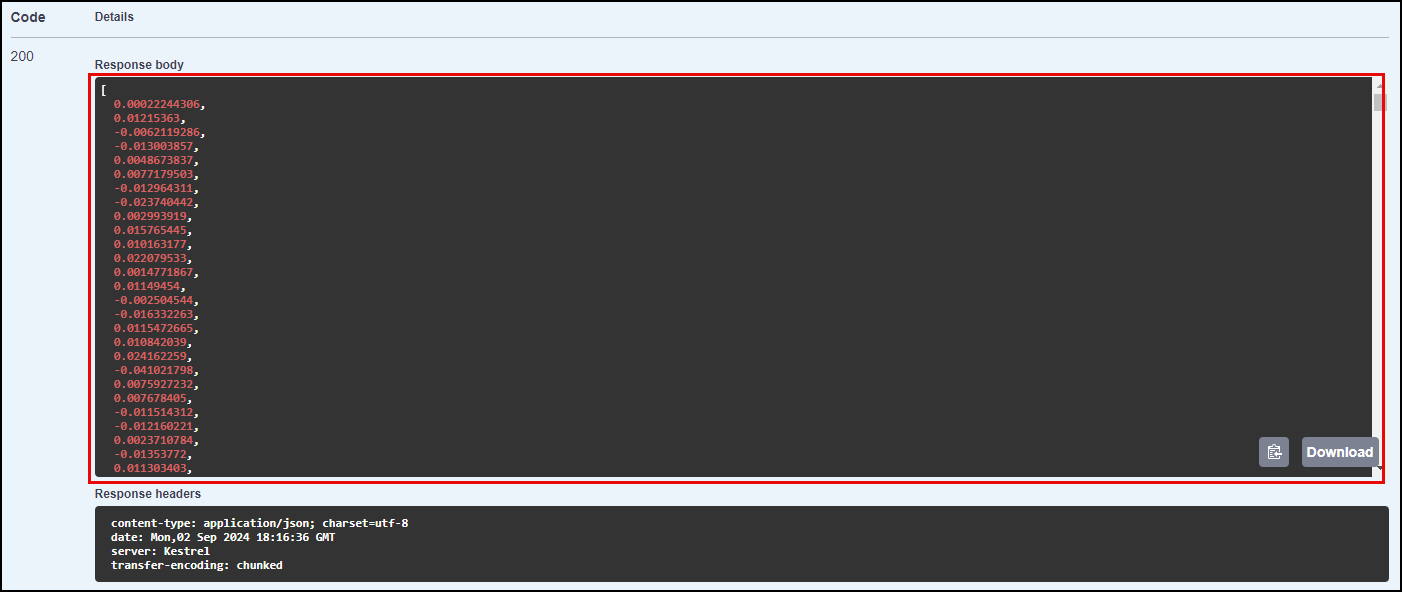 The Response body block for the vectorization request is highlighted.