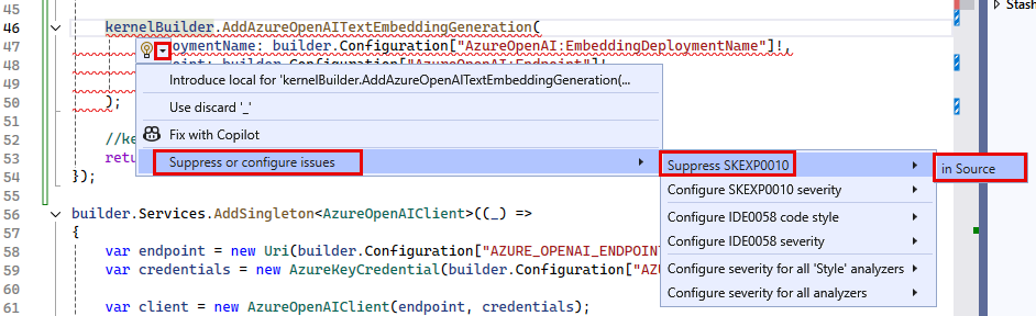 In Program.cs, the tip button for the inserted code is highlighted, and Suppress or configure issues items are highlighted in the flyout menu. Suppress SKEXP0010 and in Source are highlighted in submenus.