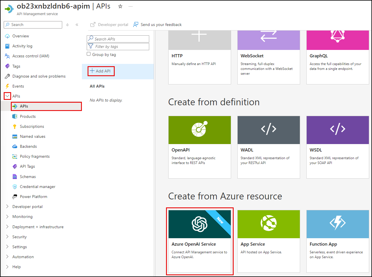 The Azure OpenAI Service panel is highlighted on the Add API page of the API Management Service.