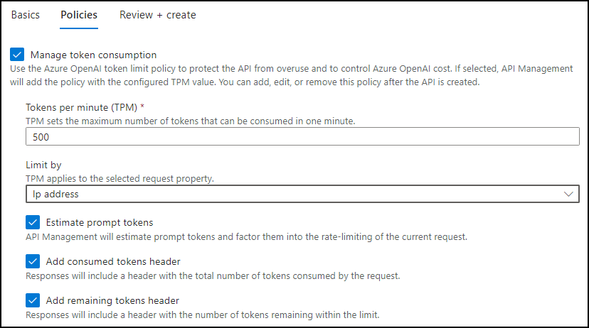 Screenshot of the configuration specified for the Manage token consumption policy.