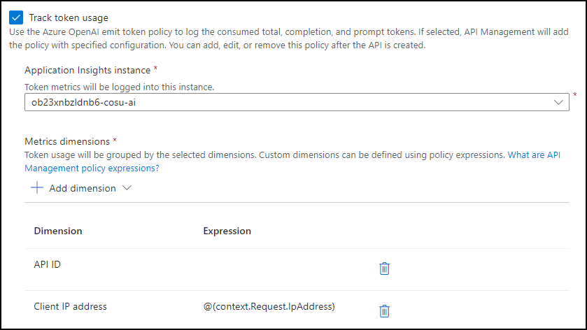 Screenshot of the configuration specified for the Track token usage policy.