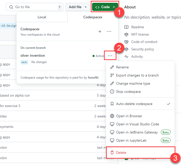 Screenshot of how to delete the GitHub codespaces instances created for this workshop.