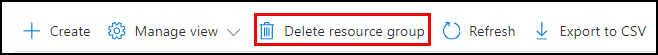 Screenshot of the Overview blade of the resource group with the Delete resource group button highlighted by a red box.